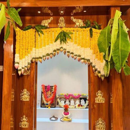 Marigold and rose garlands for a puja or housewarming